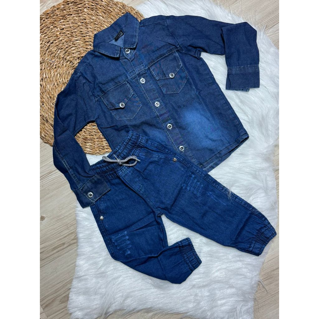 Conjunto Jeans Molinho Meninos Manga Longa e Jogger 01 a 03 anos