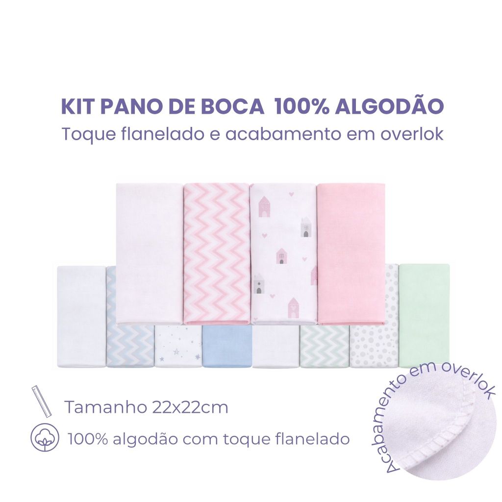 Kit Paninho de Boca Bebê Flanelado 4 ou 8 Un 100% Algodão Karinho 22x22cm Macio Absorvente Overlock