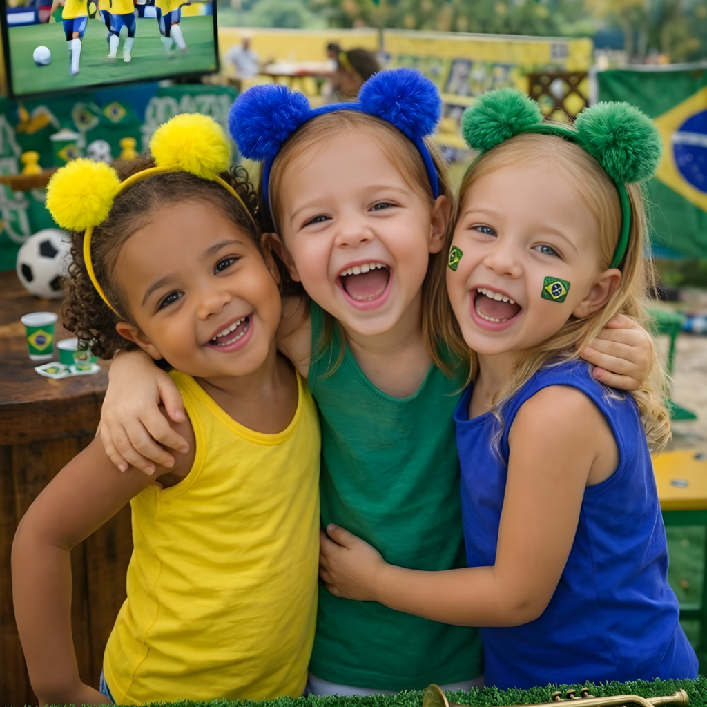 Kit 3 Tiaras Arquinho Pompom Brasil Infantil Verde Azul Amarelo Copa do Mundo Para Meninas Torcida