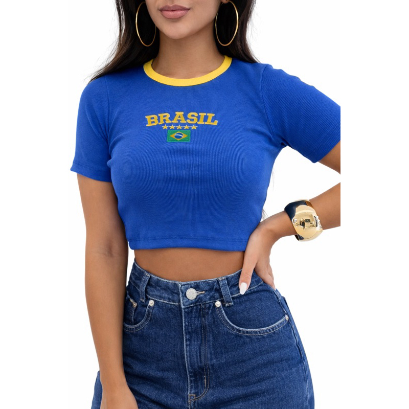 croped bordado do brasil - manguinha 3/4 - blusinha copa 2026 - tendências 2026 - Ribana premimu - manga curta
