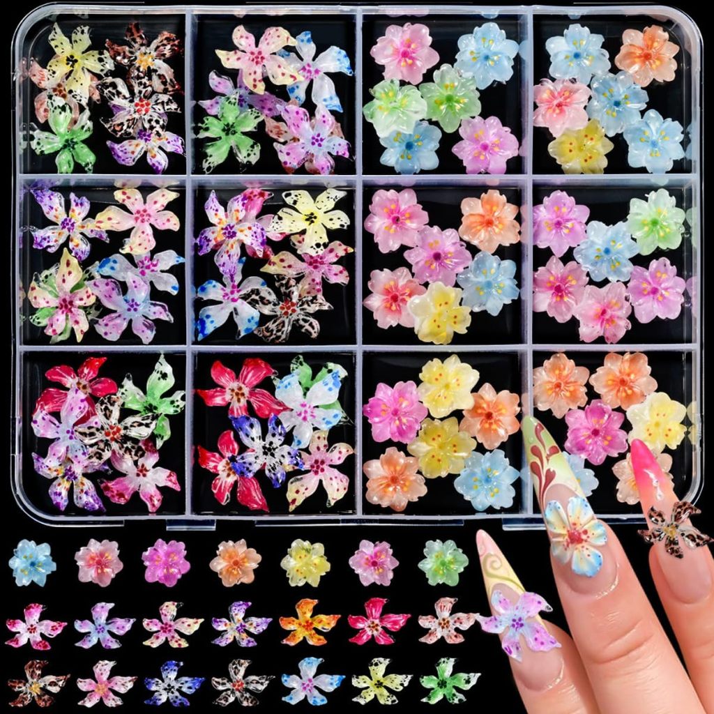 Kit 12 Grades Flores 3D Resina Colorida para Unhas, Decoração Premium DIY Manicure, Flores Premium com Cores Vibrantes