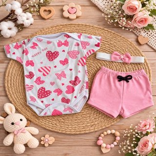 Kit  3 Peças Body Temático short e faixa para Bebê - conjunto recém nascido de verão bebê 0 a 4 meses em Oferta na Shopee
