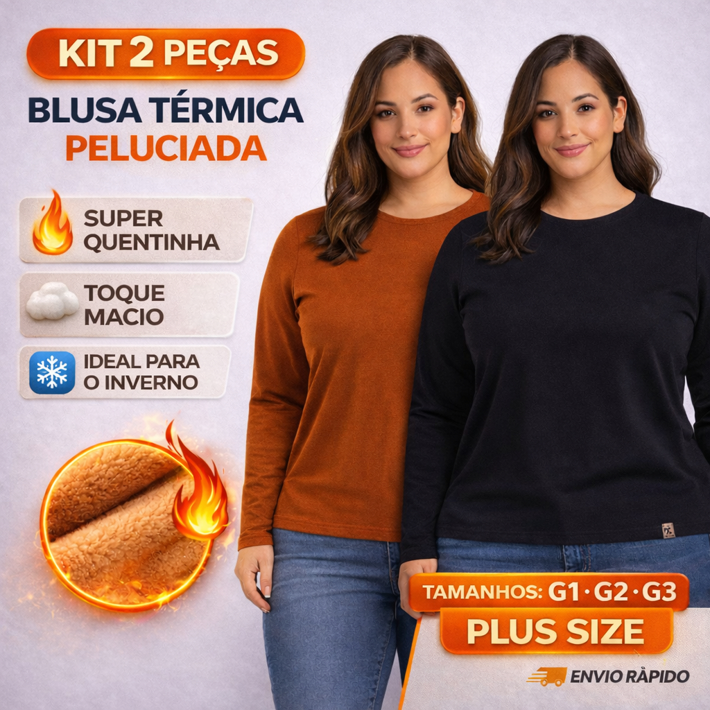 Kit 2 Blusas Térmicas Peluciadas Plus Size Inverno Roupa de Frio Super Quente Segunda Pele 26700-K2-C3