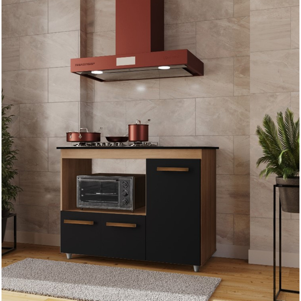 Balcão Cooktop Ana 3 Portas com Tampo Recortado e Nicho Forno - ENVIO IMEDIATO