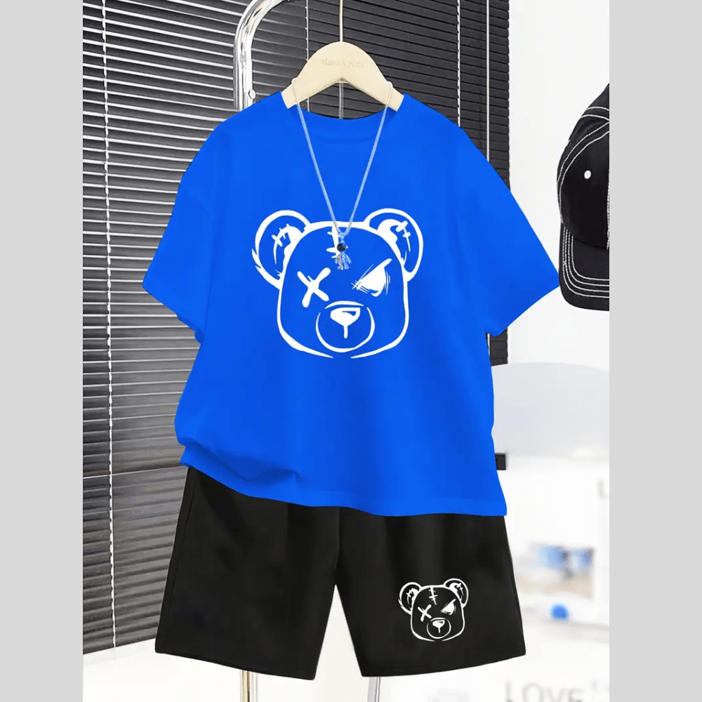 Conjunto Infantil Masculino Camisa Short Bermuda Urso Estampado Algodão Conforto Premium Streetwear