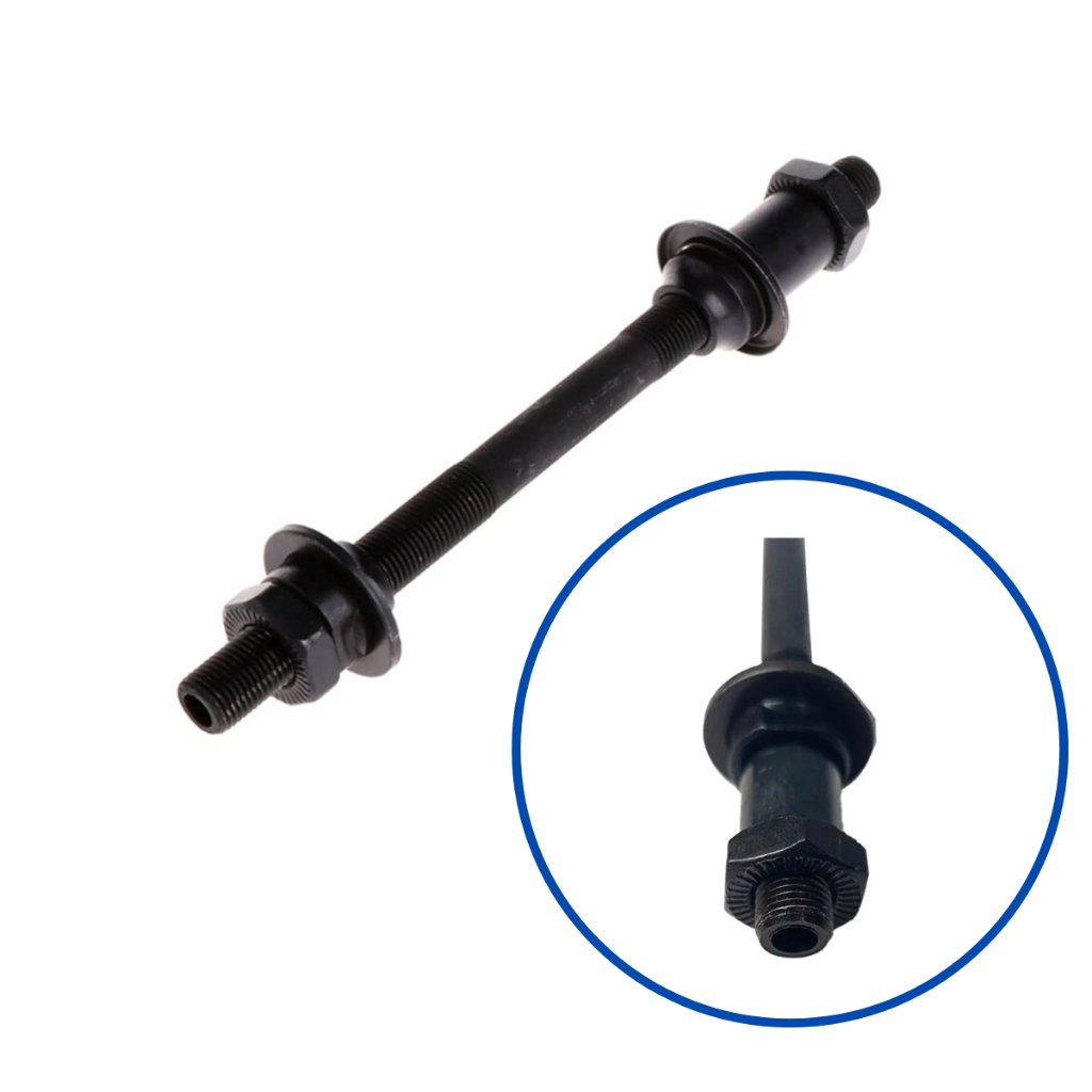 EIXO TRASEIRO FURADO 145MM 3/8 EM AÇO PRETO COM ESPAÇADOR P/ BICICLETA MTB URBANA QUE USA BLOCAGEM