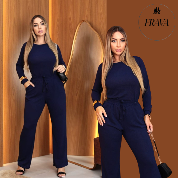 Conjunto Feminino Lanzinha elegante manga longa e calça reta inverno