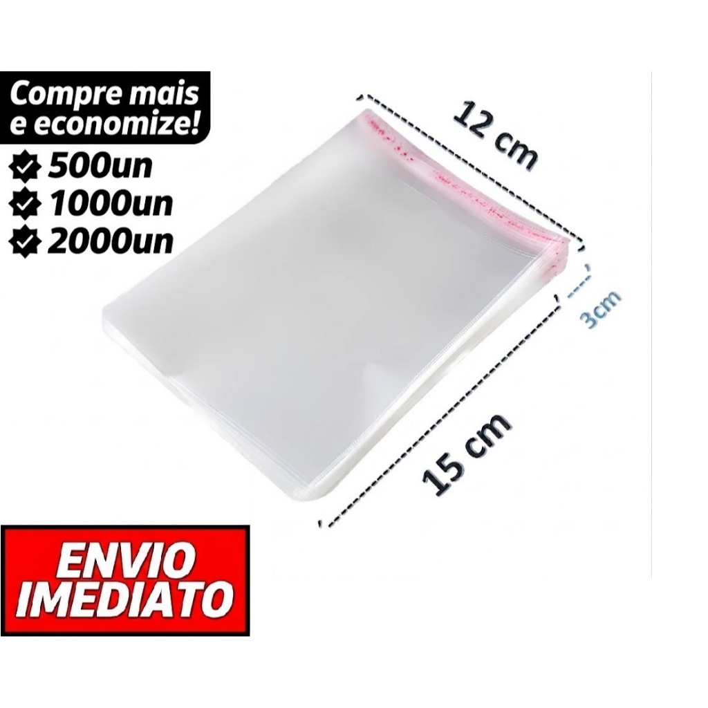 Saco Adesivado Incolor Transparente 12x15 + 3 - Embalagem Saquinho Auto Colante Adesivo Bopp