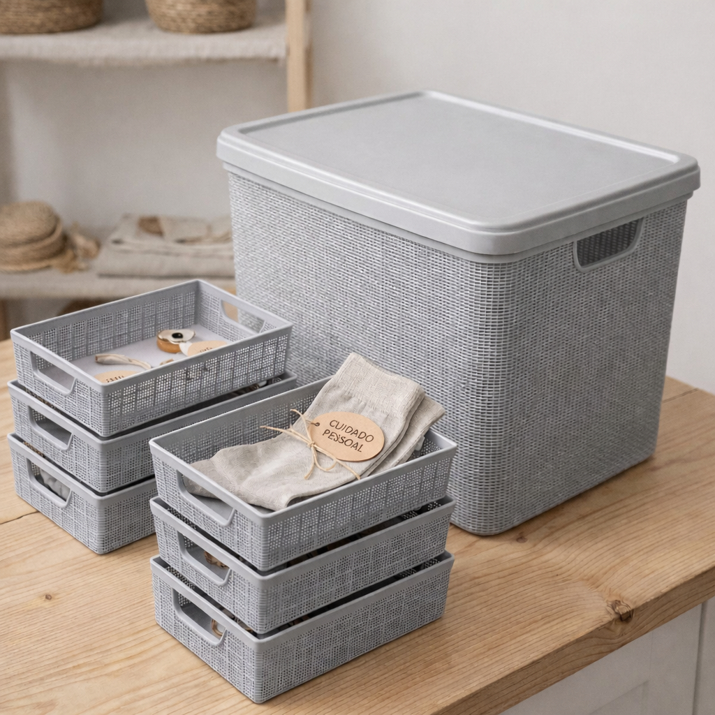 Kit de Organização Completa Caixa Organizadora 22 Litros+ 6 Cestos 2 Litros Organizadores