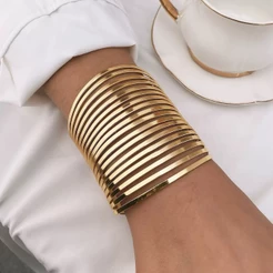 Bracelete feminino largo múltiplas faixas paralelas design moderno aberto elegante festa banhado Ouro 18K e Prata925