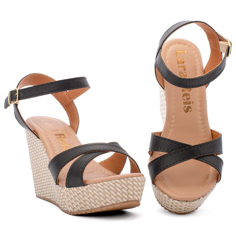 Detalhes do Sandália Feminina Anabela Tamanco Original Tiras Cruzadas Salto Plataforma LRS7585V