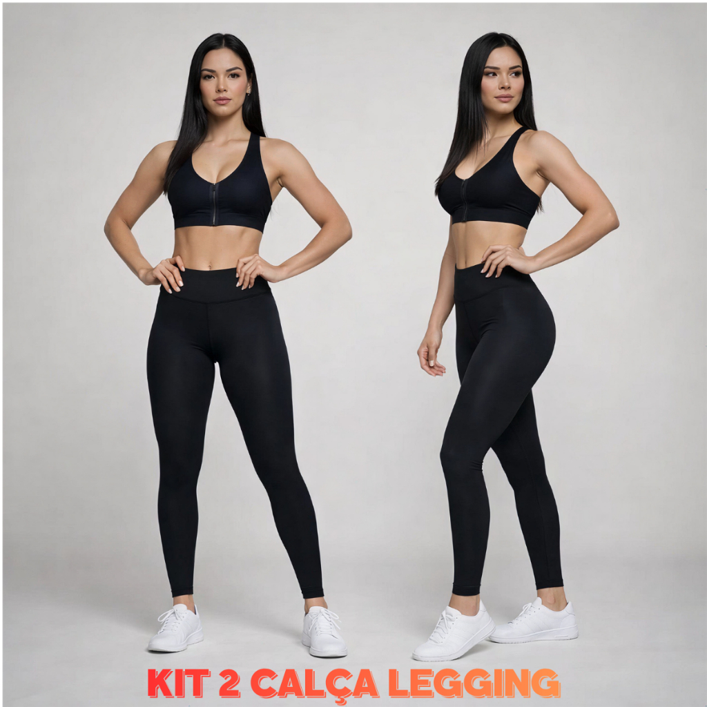 Kit 2 Calça Legging Lisa Costura Reforçada Cintura Média Duas Cores Do P ao GG