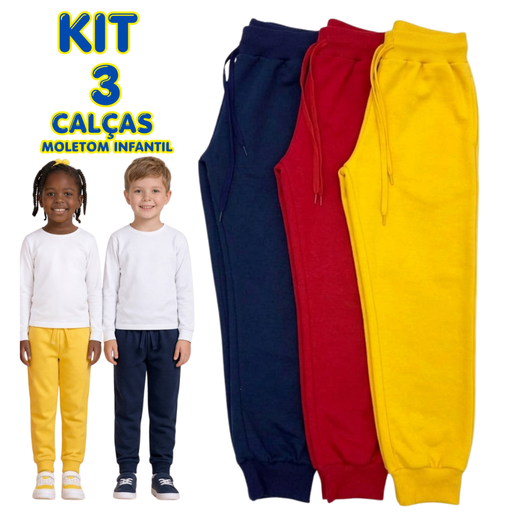 Kit 3 Calças Moletom Grosso Infantil 4 A 8 Anos Flanelado Unissex Calça de Frio Inverno