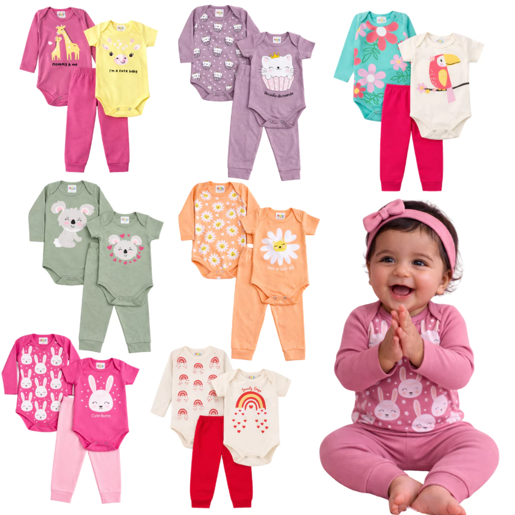 Kit 6 Peças body bebê trijunto body manga curta body manga longa mijão menina feminino P ao GG