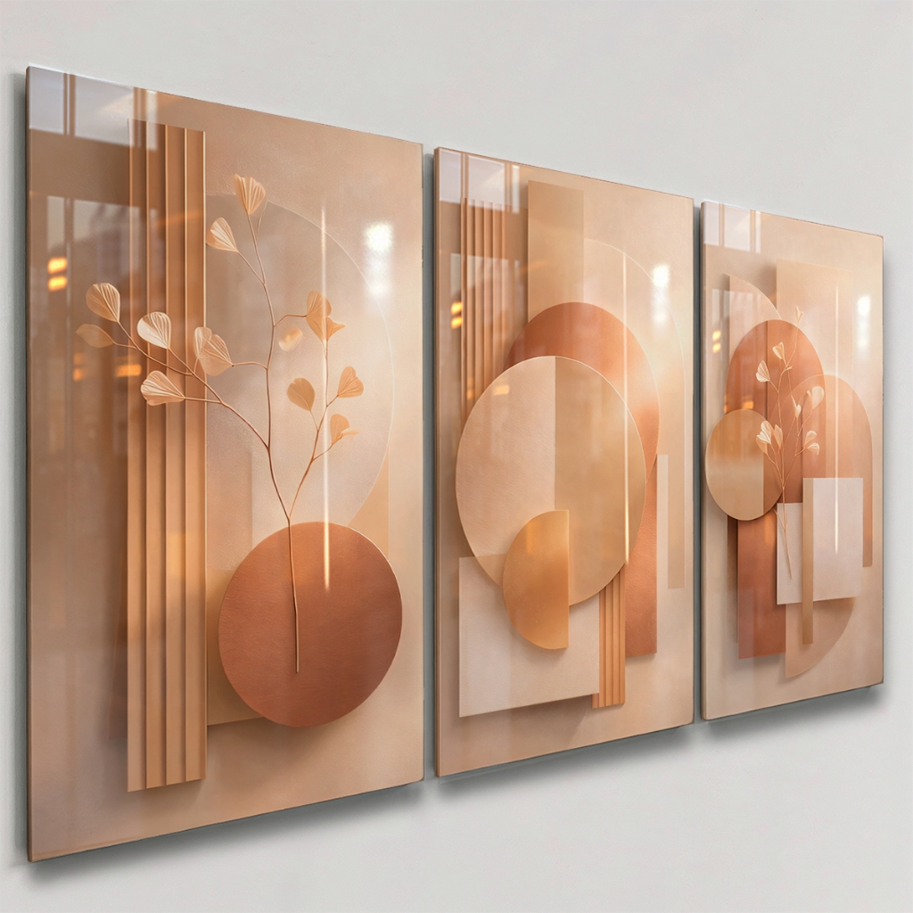 Quadros Decorativos 3 Peças Abstrato Jarro Geométrico Circular Dourado Boho Ouro Casa Sala Quarto Decoração Parede