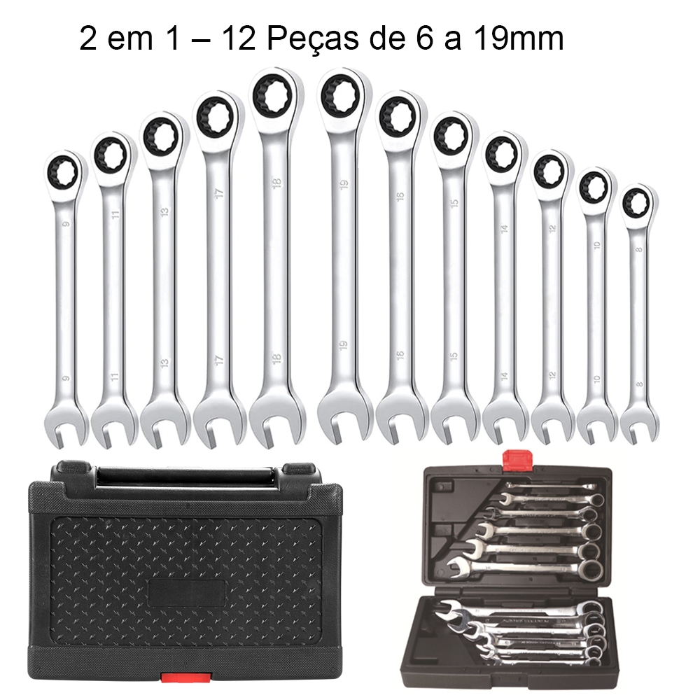 Back Field Jogo de Chaves Combinadas com Catraca 2 em 1 – 12 Peças de 6 a 19mm Vem com caixa de ferramentas