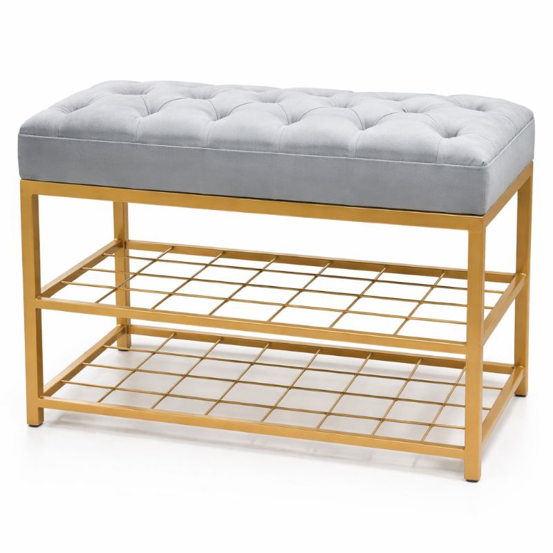 Sapateira Banco Estofado Luxo Dourado 2 Andares Organizador de Sapatos Hall Quarto Closet