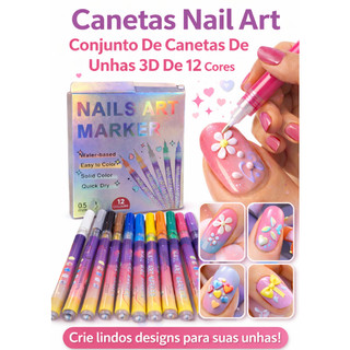 Canetas Para Desenho em Unhas Nail Art. 3D Conjunto De 12 Cores Coloridas Secagem Rápida …