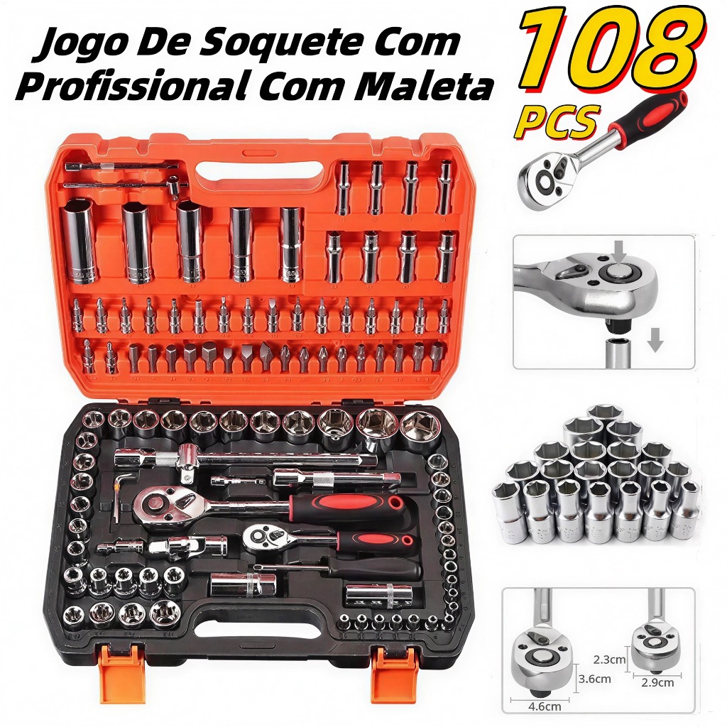 Kit Ferramentas 108 Peças com Caixa - Soquetes, Chaves e Acessórios Multifuncional Profissional
