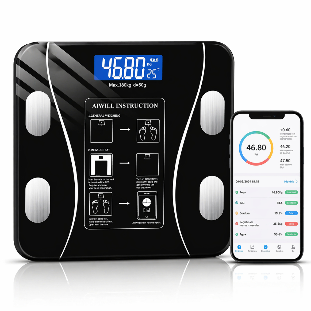 Balança Digital Inteligente Bluetooth até 180kg| IMC, Gordura Corporal, Massa Muscular Alta Precisão