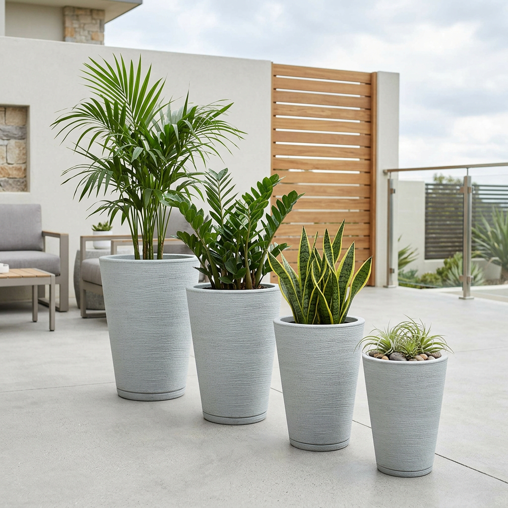 Kit 4 Vasos para Planta Polietileno Coluna Redonda com Prato Coletor Jardim Casa Decoração Varanda