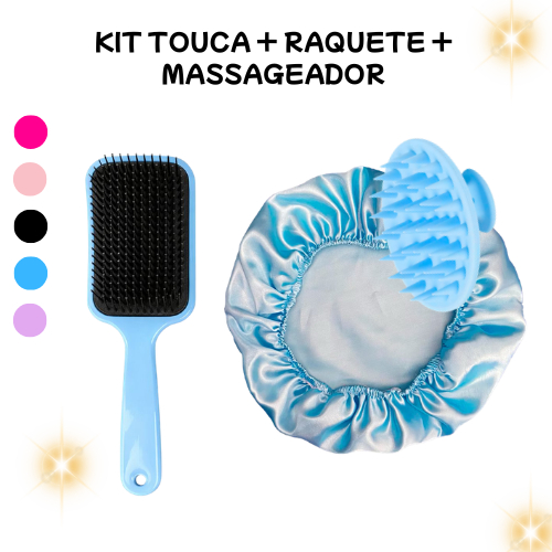 Kit Capilar Completo: Escova Raquete Fashion + Escova Massageadora de Silicone + Touca de Cetim