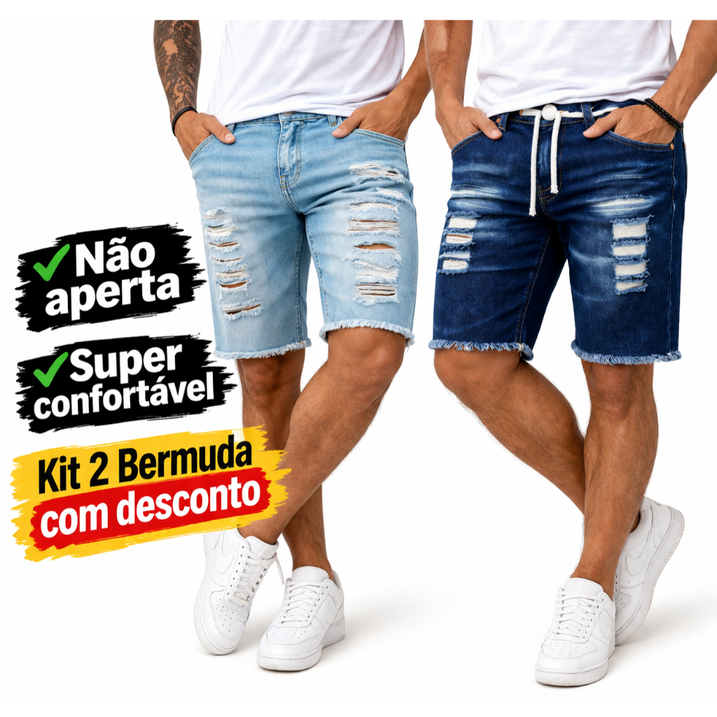 Kit 2 Bermudas Jeans Masculina Rasgada Slim com Lycra Conforto Premium Promoção