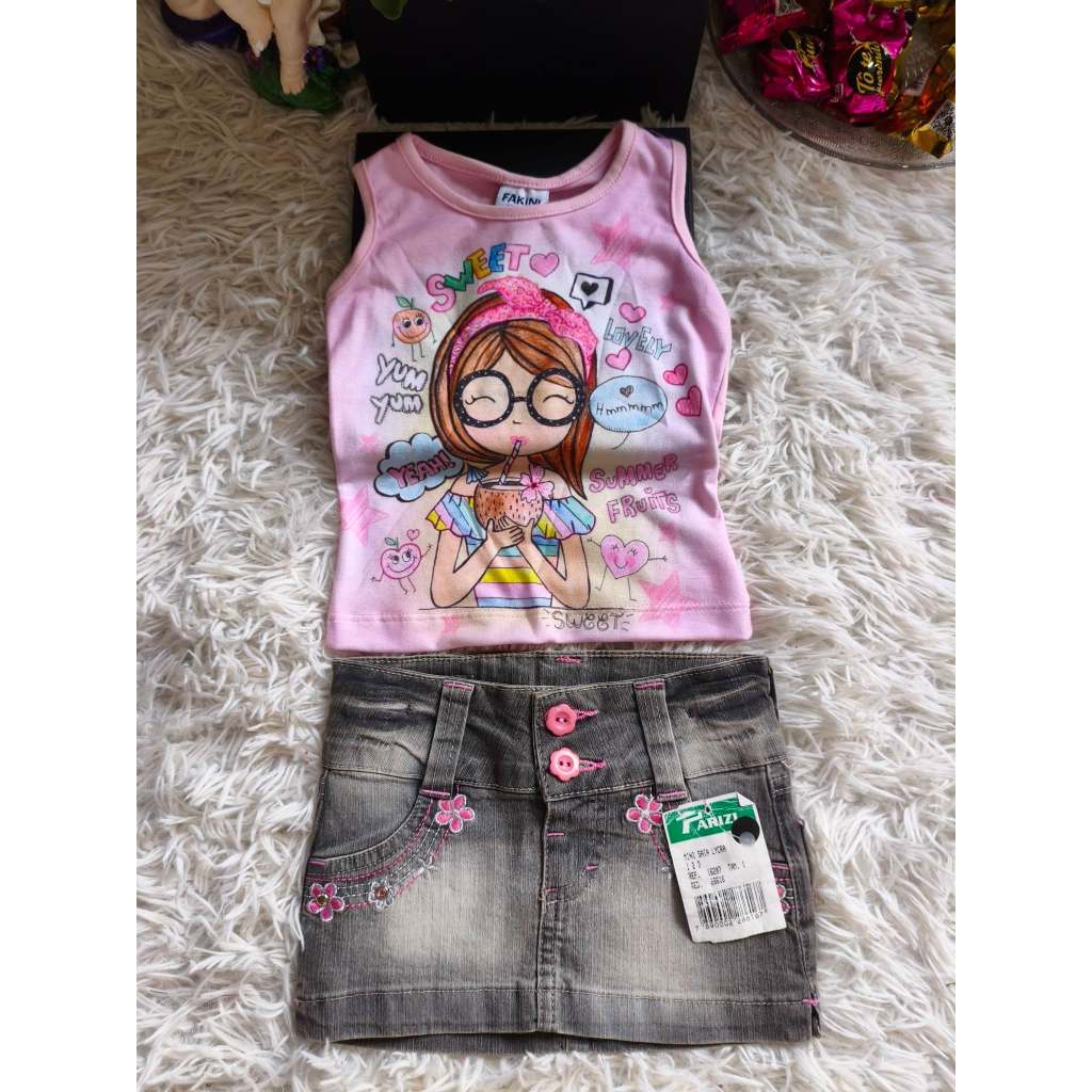 Conjunto Infantil Feminino, (Blusa Regata Rosa+ Minissaia Jeans) Tam: 1, Marca: Dmbauer