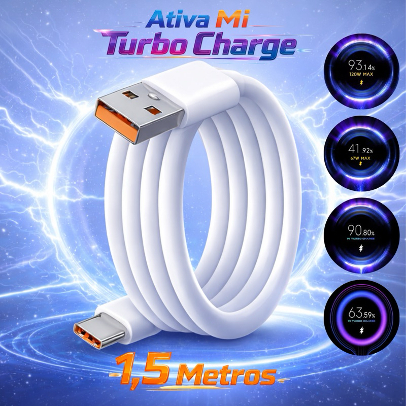 Cabo Turbo Ativa Mi Turbo Charge 1.5 Metros USB Tipo C 30W/33W/55W/67W/120W
