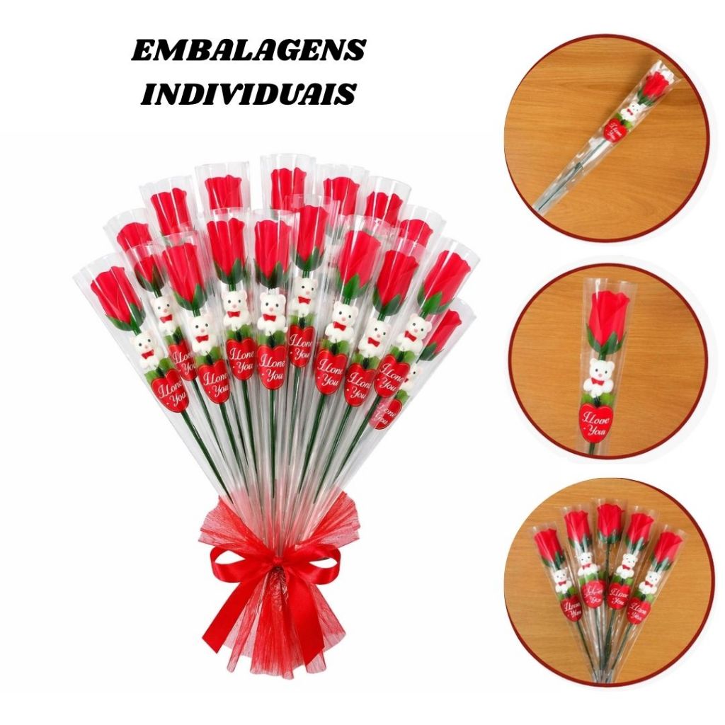 Kit 2/4/6/8/10 Botão de Rosa Vermelha Artificial 36cm Embalagem Individual Dia Mães e Namorados