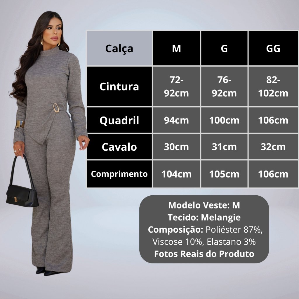 Conjunto Feminino Blusa Manga Longa Com Broche E Calça Flare — imagem 2 de 2