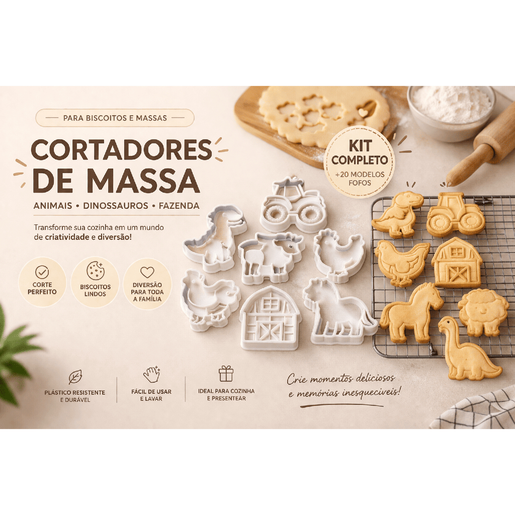 Kit Completo Cortadores de Biscoito Infantil Animais Dinossauros Fazenda Massinha Pasta Americana