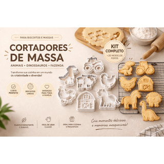 Kit Completo Cortadores de Biscoito Infantil Animais Dinossauros Fazenda Massinha Pasta Americana