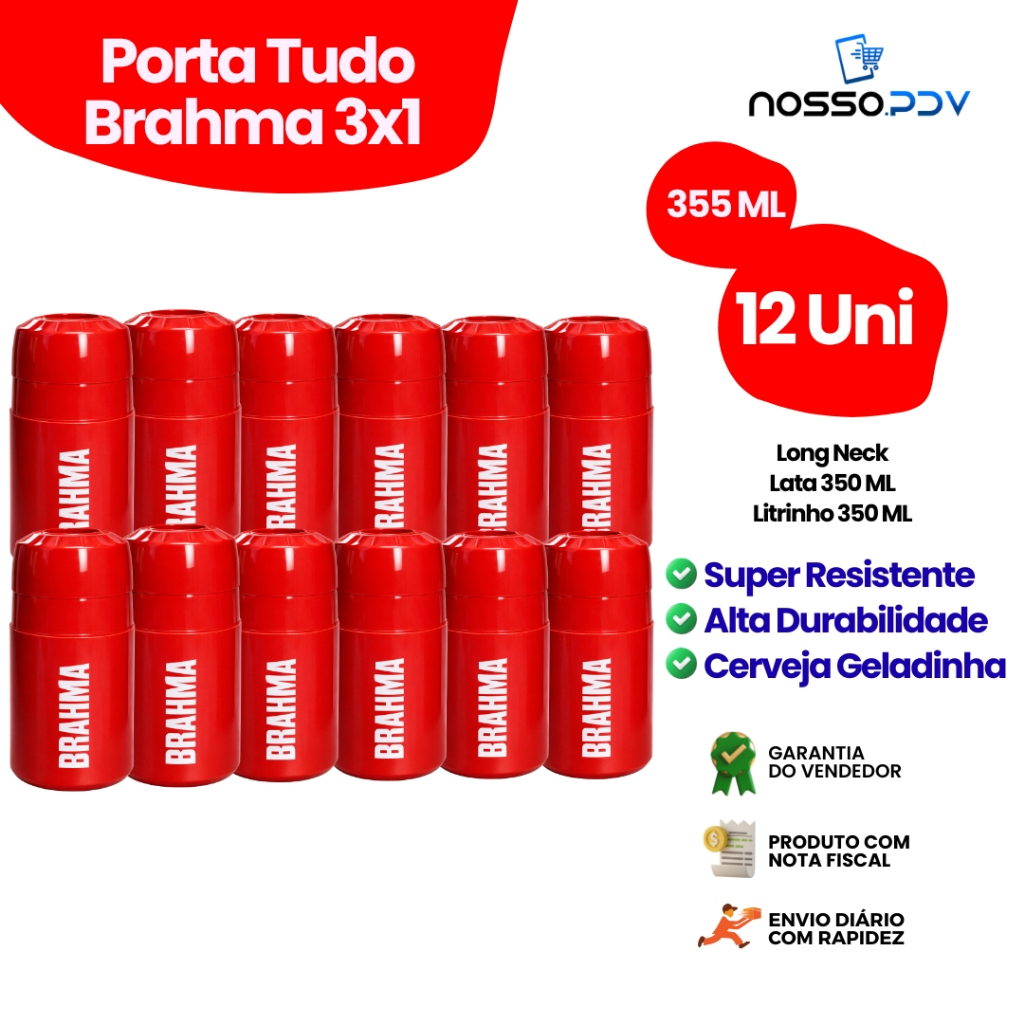 Kit 12 Porta Tudo 3x1 Para Cerveja Long Neck Litrinho Lata 355 ML Brahma Cor Vermelho Parede Dupla Alta Qualidade