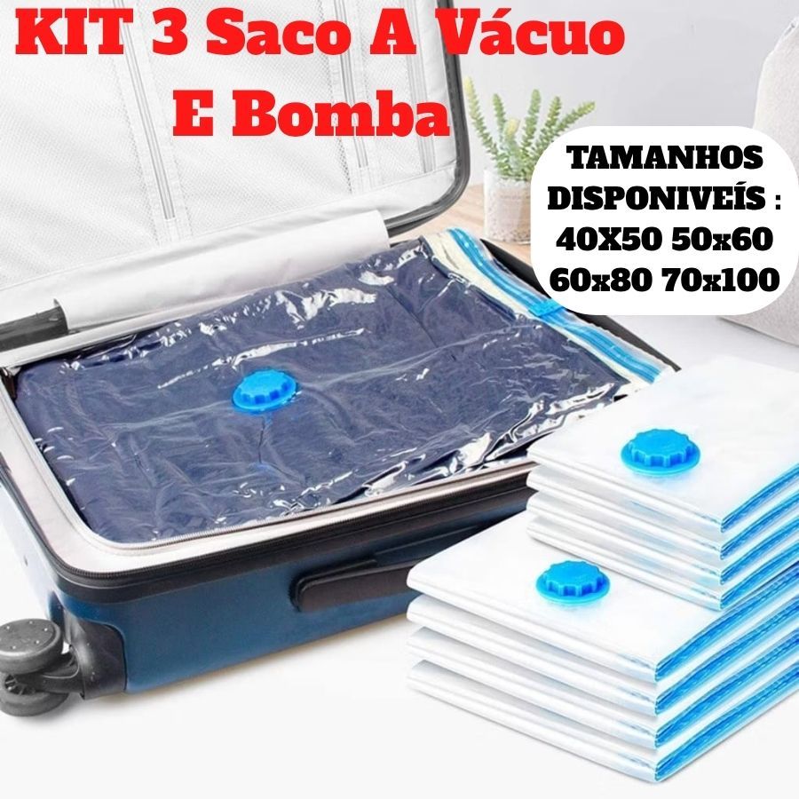 KIT 3 Saco A Vácuo E Bomba 110V De Ar Elétrica Ou USB 70x100 60x80 40X50 50x60 Para Armazenar