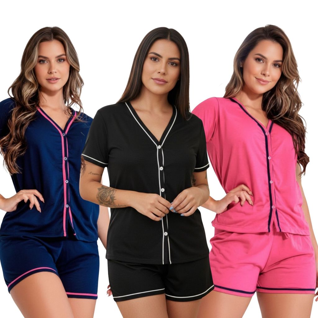 Kit 3 Pijamas Americano Amamentação com botão em malha