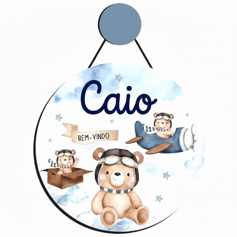 enfeite porta maternidade ursinho aviador aquarela personalizado em MDF