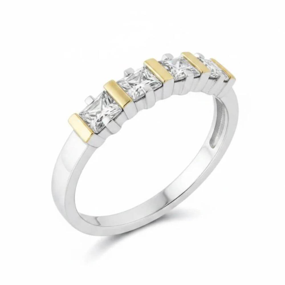 Anel Aparador Feminino Prata 950 com Ouro 12k Zircônias Carré Meia Aliança Luxo Elegante e mais