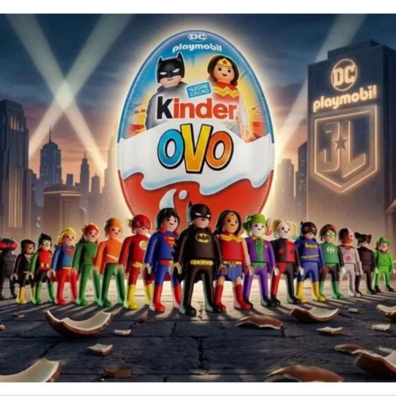 Kinder Ovo DC Playmobil colecionáveis Batgirl Adão Negro Mera