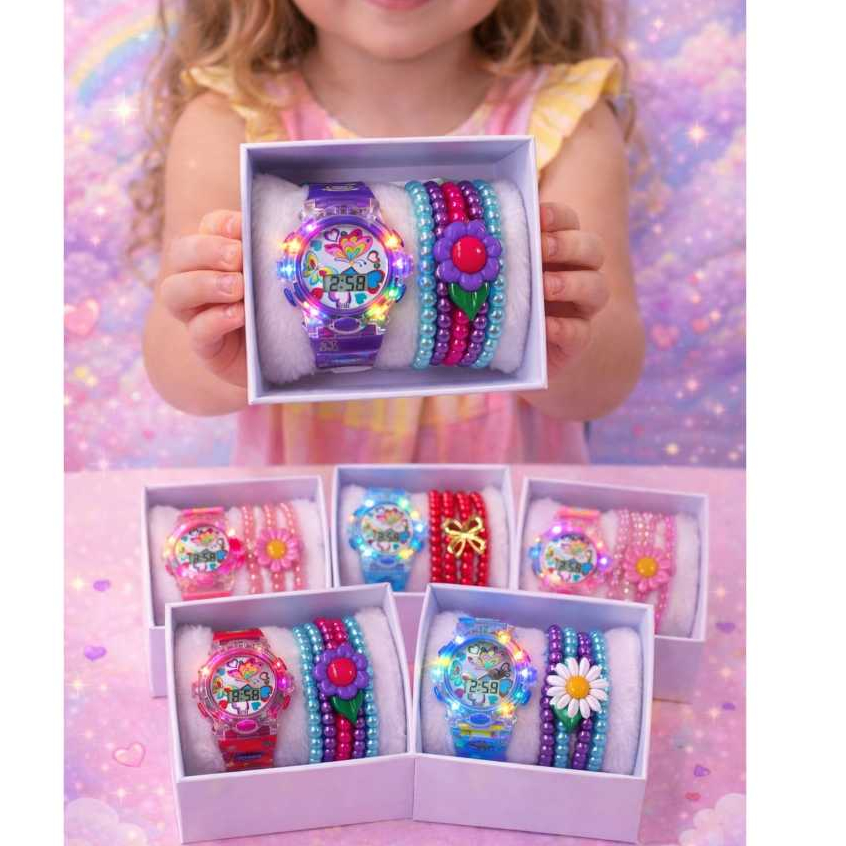 Kit Relógio Infantil LED + Pulseiras Sortido para meninas luxo musical luminoso Presente Menina
