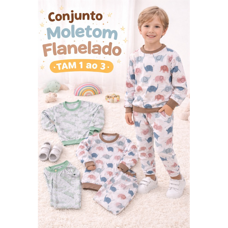 Conjunto infantil masculino moleton flanelado quentinho inverno manga longa TAM 1 ao 3