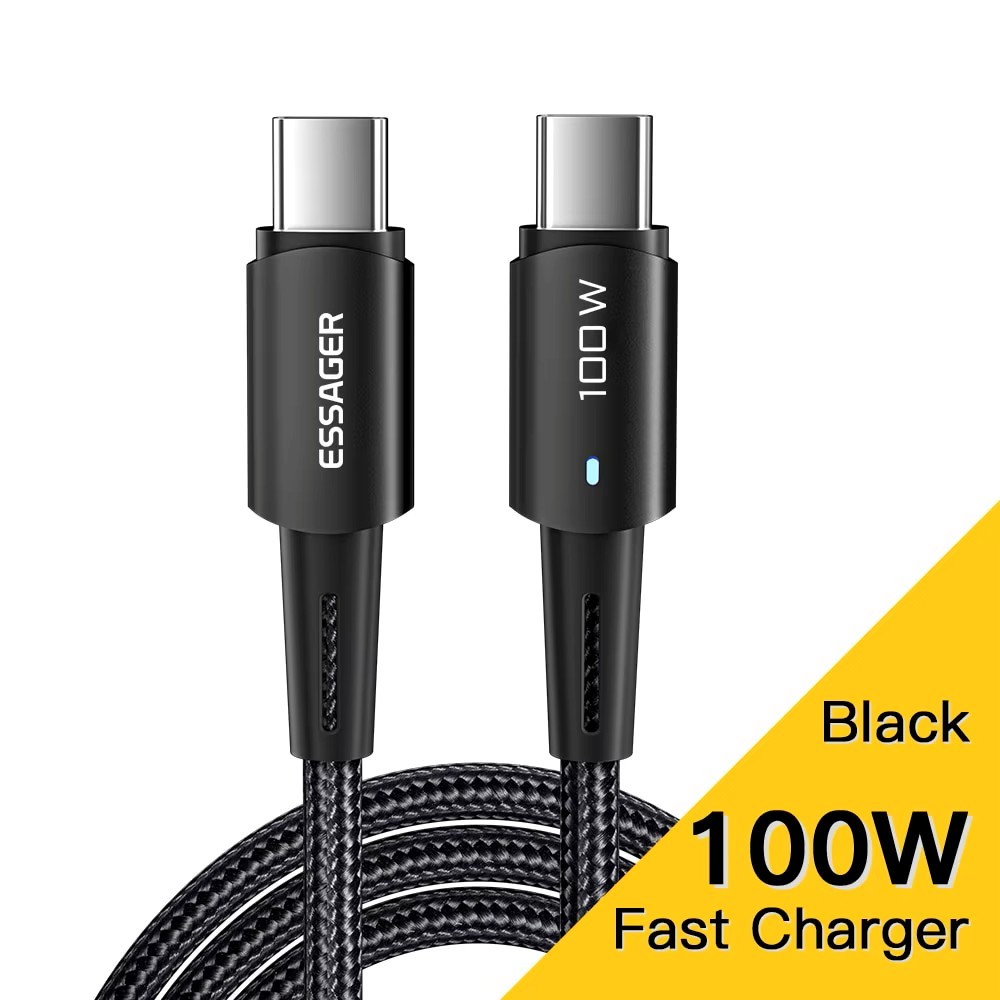 Cabo Essager 100W USB-C Para USB-C 3m Reforçado Com LED EXCTT1-CG01 Preto Pronta Entrega