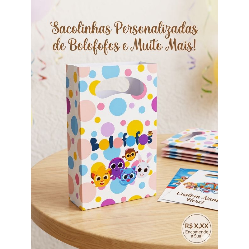 30 Sacolinhas Personalizadas tema Bolofofo para lembrancinhas festas temáticas Pegue e monte