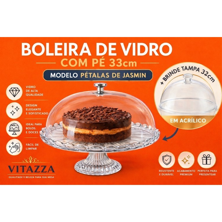 Boleira Vidro 33cm Porta Bolo Com Pé Pétalas De Jasmin Vitazza + Brinde Tampa Cúpula 32cm Acrílico