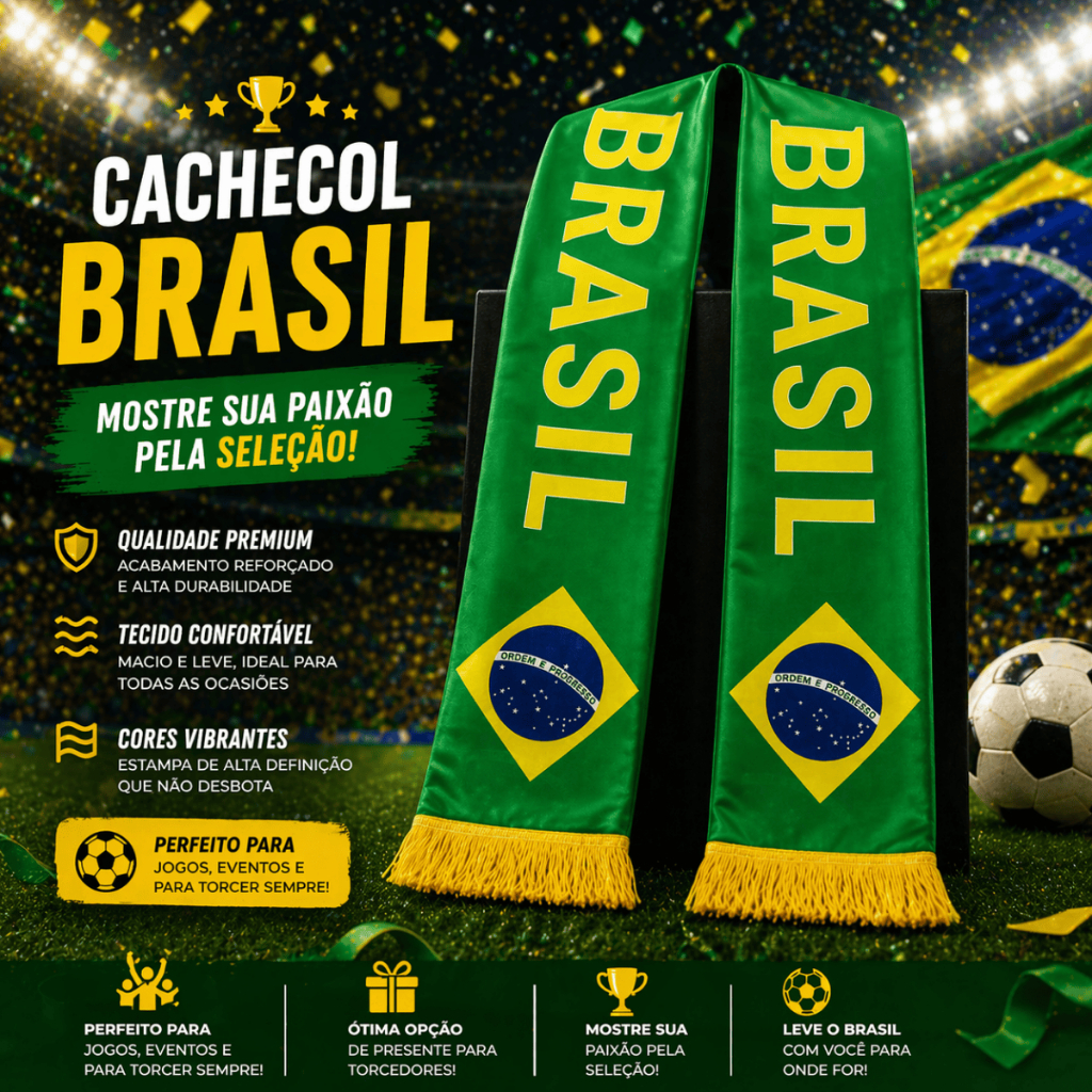 Cachecol Brasil Torcedor Seleção Brasileira Copa Futebol Verde Amarelo 1,50m