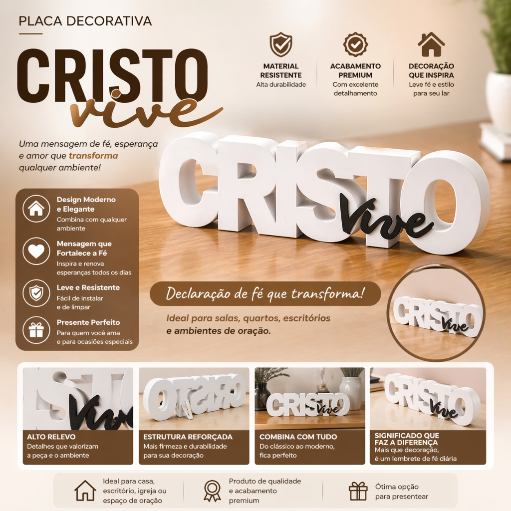 Placa Decorativa Cristo Vive Alto Relevo | Quadro Religioso Moderno Decoração Cristã Parede