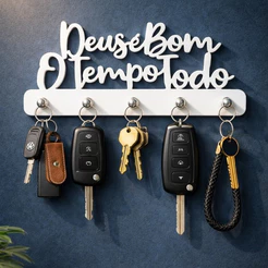 Porta Chaves MDF Decorativo Parede Branco Preto Cru Deus é Bom o Tempo Todo Design Moderno