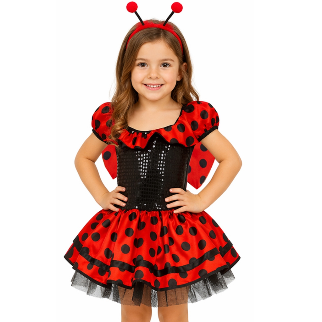 Fantasia Joaninha Infantil Menina Vestido com Asa e Antena