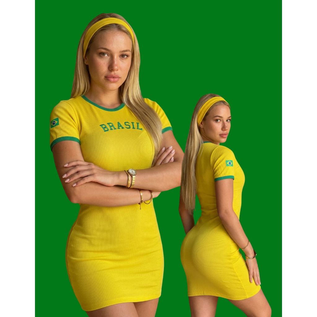 Vestido Feminino Com Faixa de Cabelo Seleção Brasileira Manguinha Brasil Copa do Mundo 2026 Canelado