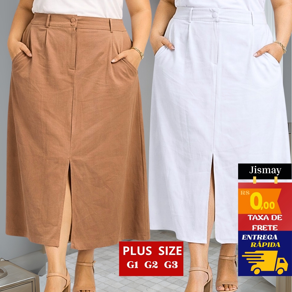 Saia Midi Plus Size Alfaiataria Marrant Cintura Alta Fenda Frontal  Elegante Feminina G1 G2 G3